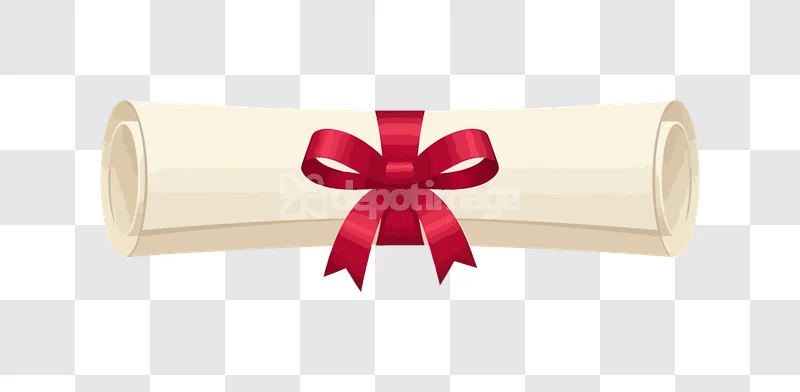Rolled Diploma Scroll Red Ribbon Bow cream paper and red ribbon on transparent background