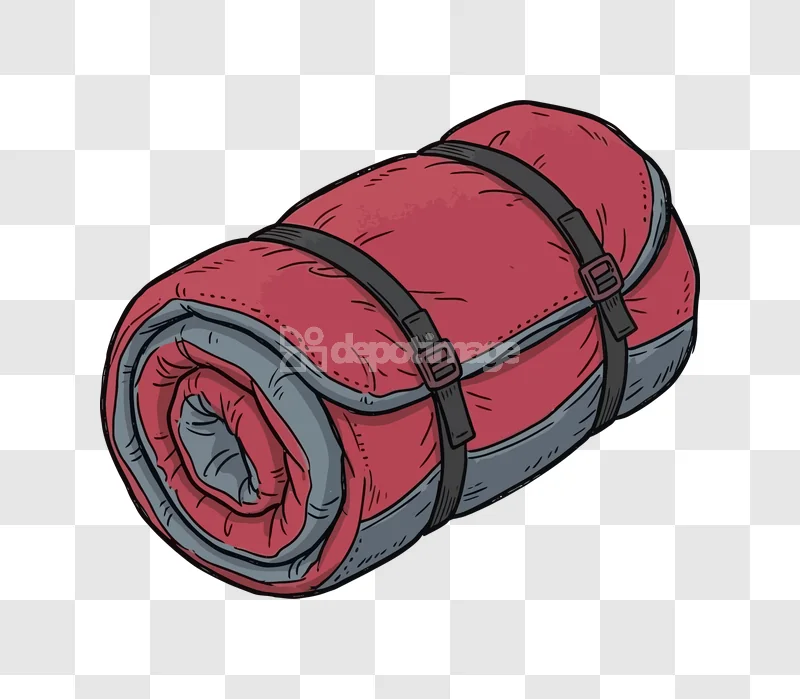 Rolled up Red Sleeping Bag Camping red and gray with black straps, hand-drawn style.