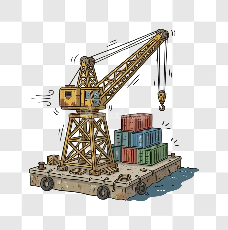 Rusty Yellow Crane Barge Containers yellow crane, colorful containers, on water