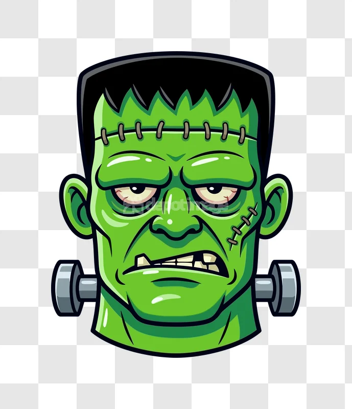 Scary Frankenstein Monster Head Halloween Icon: vibrant green cartoon monster head with stitches