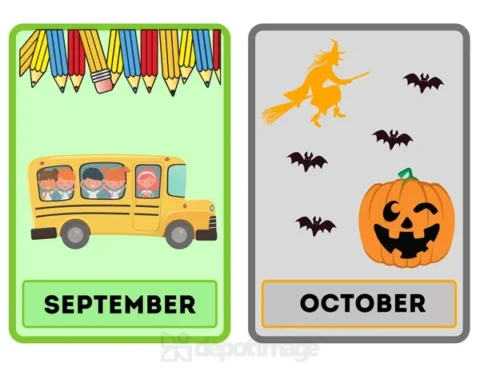 September October Flashcards School Bus Witch Pumpkin