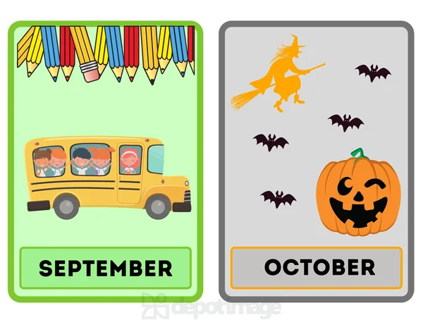 September October Flashcards School Bus Witch Pumpkin colorful printable flashcards with school bus and Halloween theme.