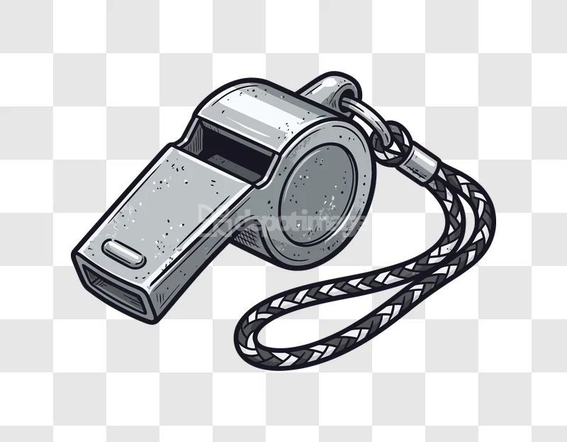 Silver Metal Whistle Lanyard Cartoon Style, detailed gray metal with braided lanyard