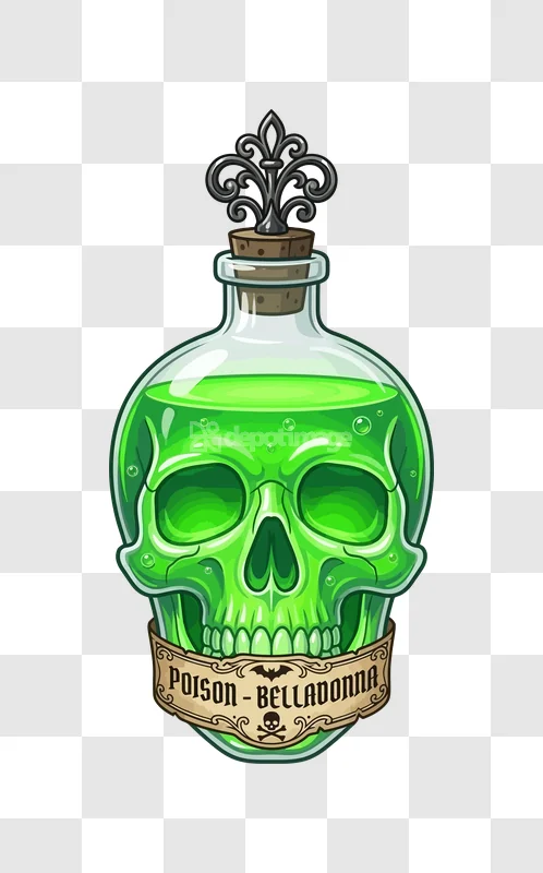 Skull Shaped Bottle Poison Belladonna Halloween: vibrant green liquid, skull design, ornate stopper, dark background