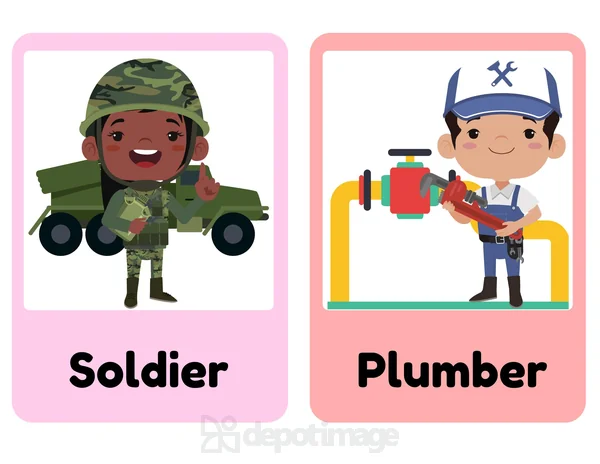 Soldier And Plumber Occupations Flashcard Illustration colorful cartoon characters for learning occupations.