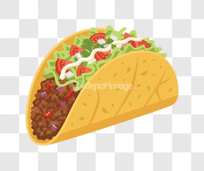 Taco Flat Design Cartoon Illustration: yellow shell, green lettuce, red tomatoes, white sauce, transparent background.