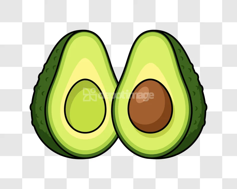 Two Avocado Halves Fruit Cartoon Icon, vibrant green cartoon style, black outlines