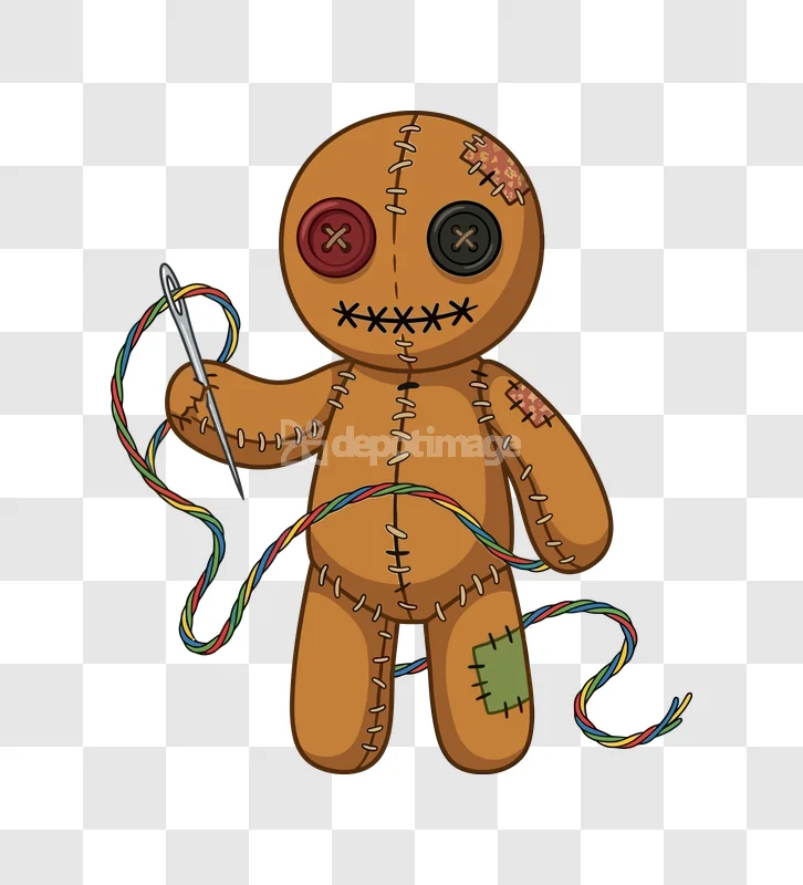 Voodoo Doll Needle Thread Spooky Halloween: cartoon, stitched, brown doll with buttons