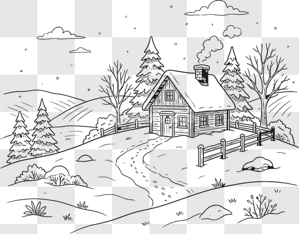Winter Scene Cabin Snow Trees Line Art