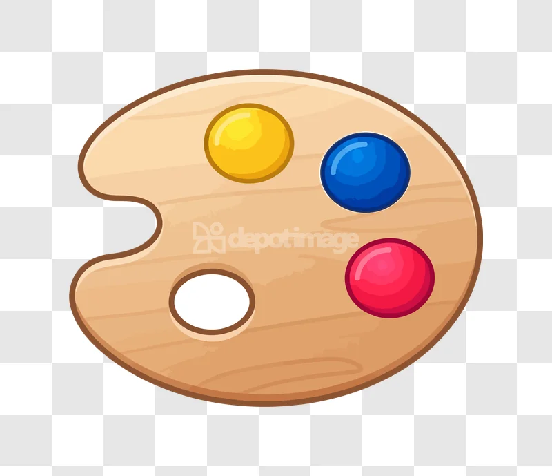 Wooden Artist Palette Paint Colors: light wood, yellow blue red paints, transparent background.