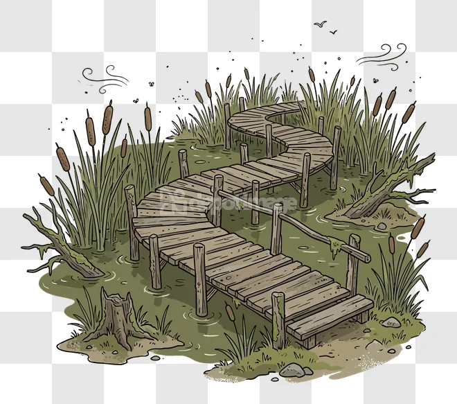 Wooden Boardwalk Swamp Cattails Nature