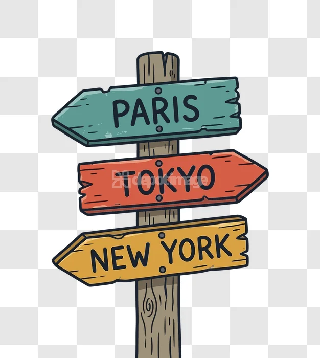 Wooden Direction Sign Paris Tokyo New York