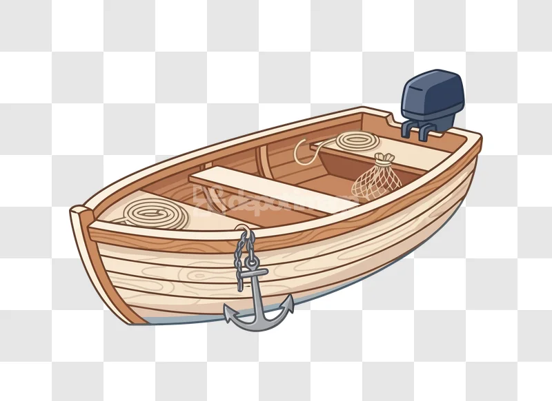 Wooden Fishing Boat Motor Anchor Rope, cartoon style, light wood, transparent background