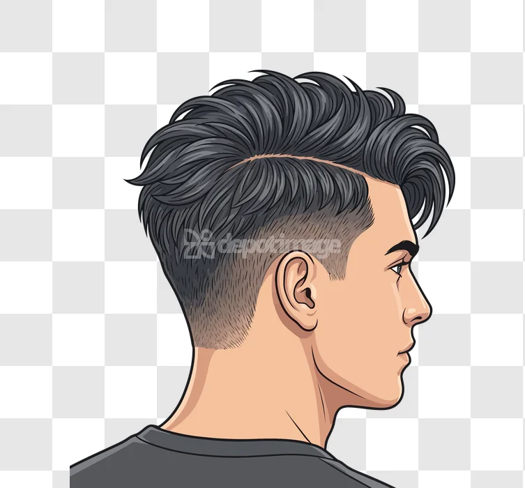 Young Man Cool Haircut Side Profile, stylized, dark gray hair, undercut